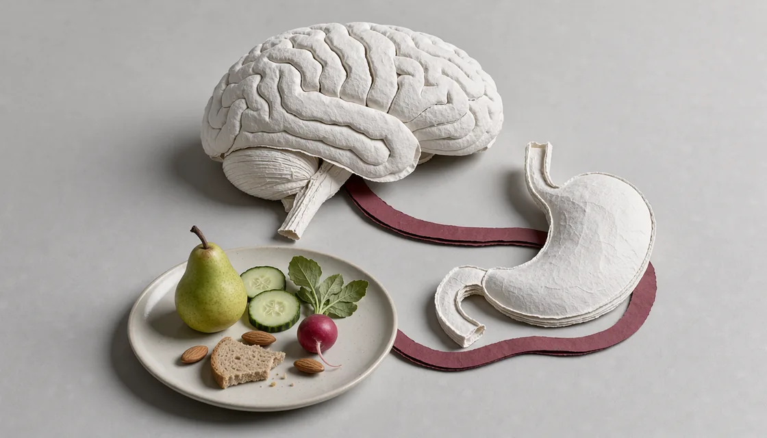 Paper sculptures of a brain and stomach beside a partly filled plate