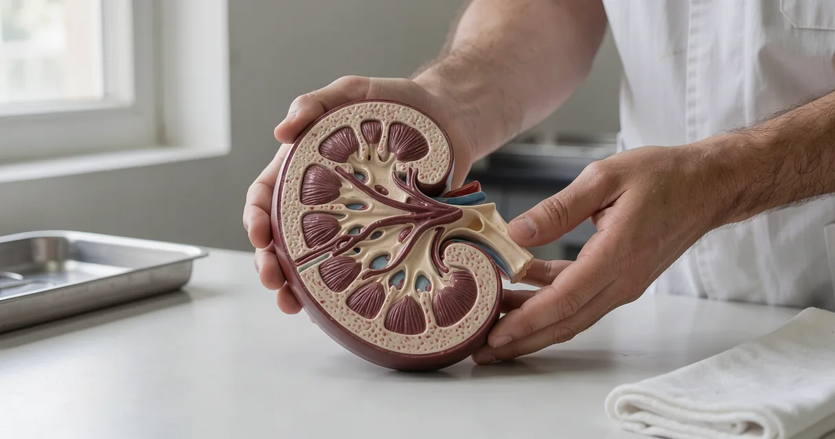 A technician holds a cutaway kidney model over a white teaching table