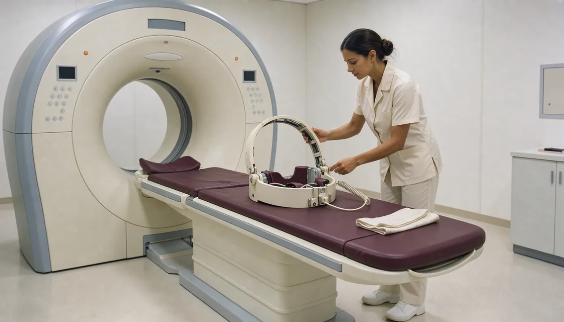 A technician prepares an empty head coil beside an MRI scanner