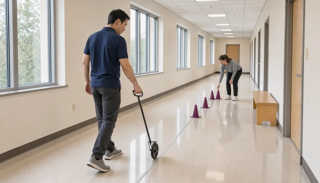 Two staff members measure a bright corridor and arrange plain cones